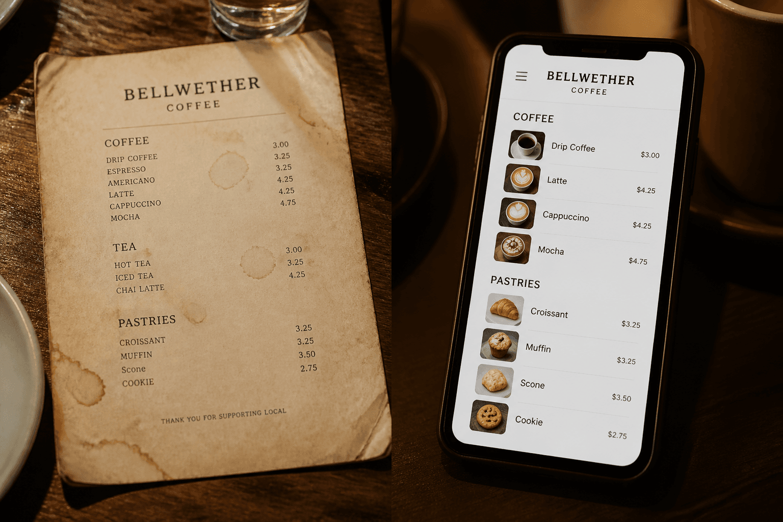 Paper menu next to a phone QR menu
